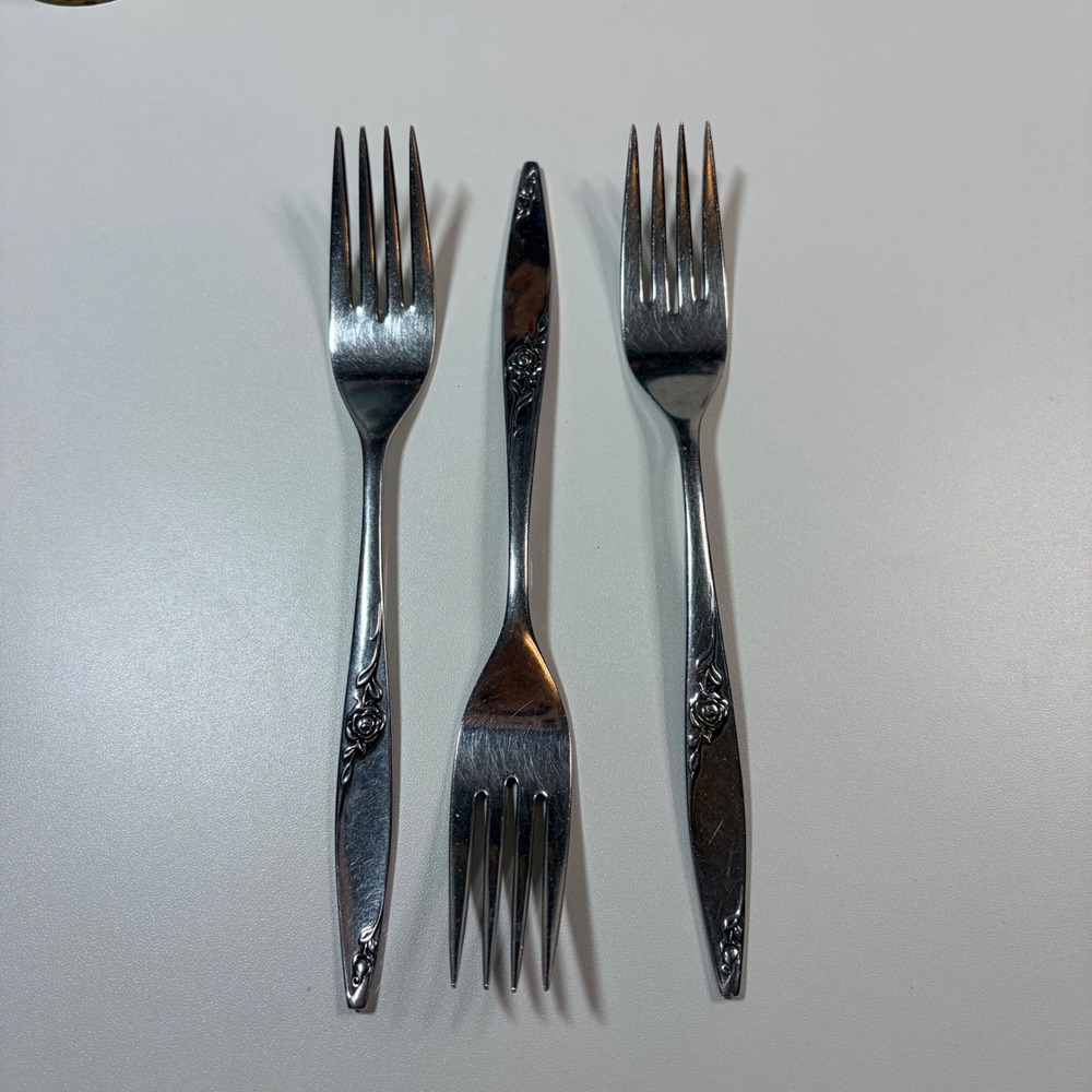 West Bend Stainless USA Rose Pattern Salad Fork Set of 3 Vintage Floral Flatware